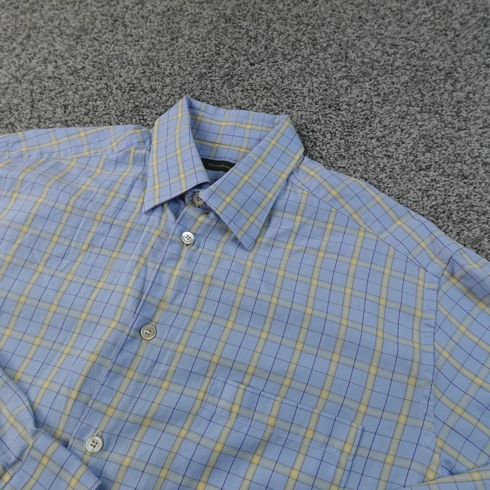 Ermenegildo Zegna‎ Shirt Mens XL Blue Yellow Check Long Sleeve Dress Button Up